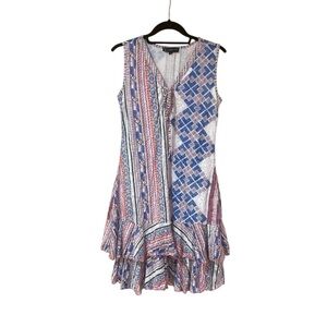 Carine Dress Size S Mini Crinkle Fabric Ruffle Sleeveless Lined White Blue